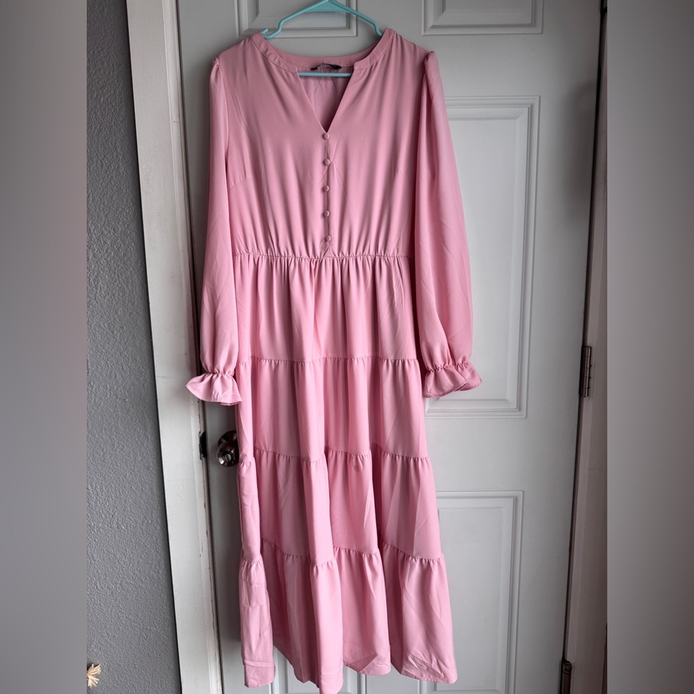 Pink Tiered Long Sleeve Maxi Dress